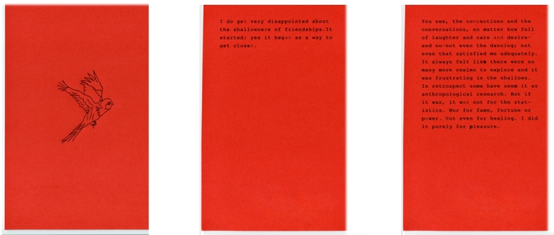 First 3 pages from artist book, Fly with its 1450 short story written and typed by Stellmach onto red pages and set in between black paper and Erica Jong's 70's novel 