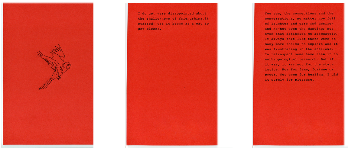 First 3 pages from artist book, Fly with Stellmach's 1450-word short story, typed onto red pages and set in between black paper and Erica Jong’s 70′s novel “Fear of Flying” – where Stellmach removed most of the words by drawing over them in gold pencilErica Jong’s 70′s novel “Fear of Flying” in which Stellmach removed most of the words by drawing over them in gold pencil.