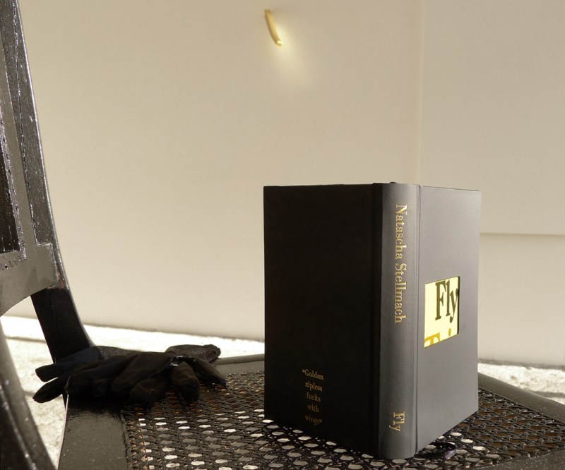 Installation view (detail), Fly, 300p hand-bound artist book: pen, ink & pencil on paper, matte cover paper with embossing, 18 x 11 x 3 cm, unique piece (book contains 1450 short story written by Stellmach, typed manually onto red pages & set in between black paper & Erica Jong's 70's novel 