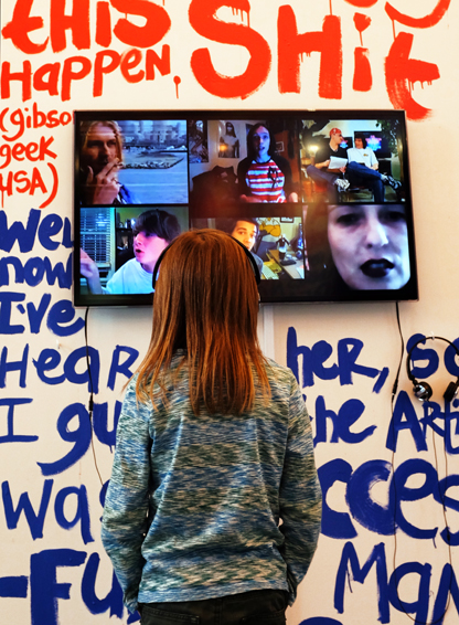 Installation view: Overture, 3:10min video, 2010 and Whatever Happened to Painting?, acrylic paint, dimensions variable, Latrobe University Visual Arts Centre, Bendigo, Australia, 2013