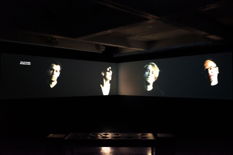 Installation view: Who will smoke the ashes of Kurt Cobain?, 2-channel video projection, 10:06 min, 2010, dimensions variable, Latrobe University Visual Arts Centre, Bendigo, Australia, 2013