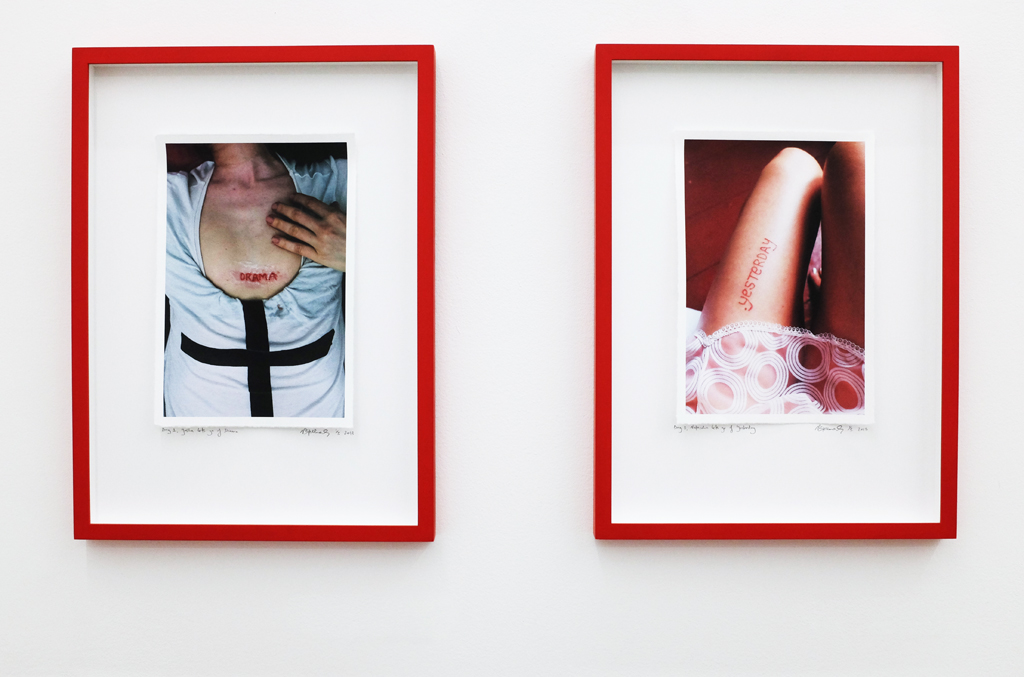 Natascha Stellmach, Installation view, Day 1, Yasha lets go of Drama and Day 3, Natascha lets go of Yesterday – inkless tattoos by the artist, ink on hosho paper, 35 x 24cm at Wagner+Partner Berlin, 2013