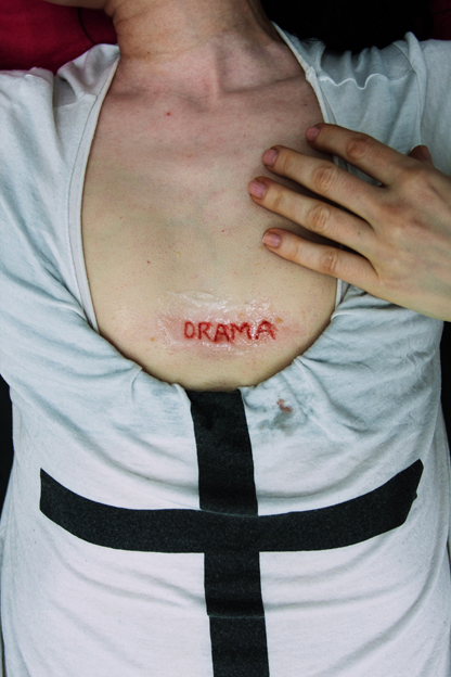 Natascha Stellmach, 2013, Day 1, Yasha lets go of Drama, inkless tattoo by the artist, ink on hosho paper, 35 x 24cm, courtesy WAGNER+PARTNER, Berlin