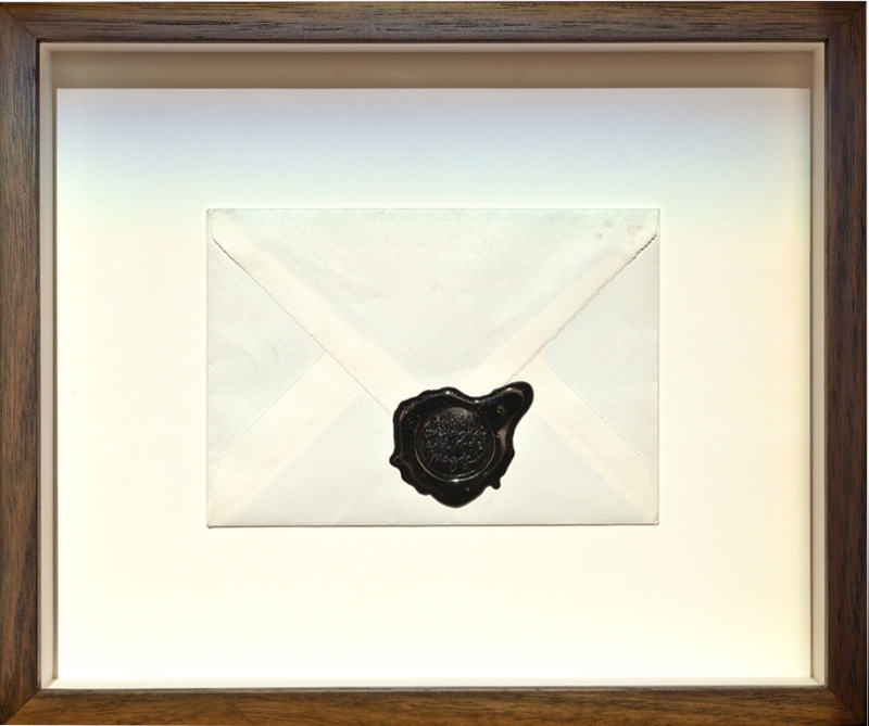 Natascha Stellmach, 2010, Artist Statement, wax seal in artist's handwriting on paper envelope with unique message sealed inside, 35 x 29 x 5.5 cm (framed), multiple 1/12 + 2AP
