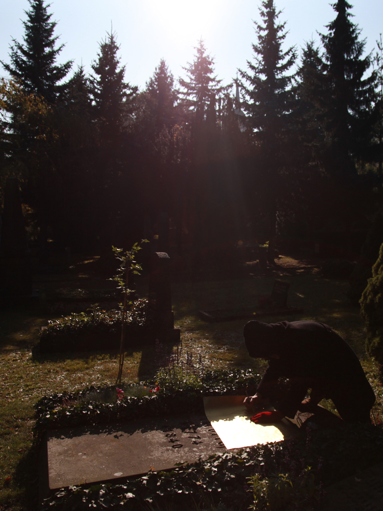 BORIS + NATASCHA at Casper David Friedrich's grave, making Sacred Rider, Trinitatis cemetery, Dresden, 2011