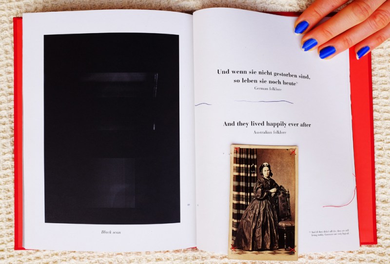 Natascha Stellmach, The Book of Back, 2007, offset printing on paper, thread, photograph, DVD, linen, p. 80–1, limited ed. 50/123