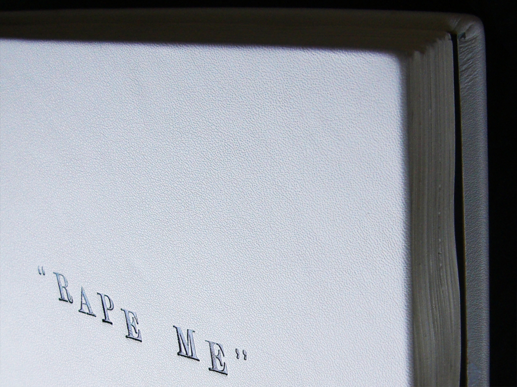 Natascha Stellmach, "Rape Me" (detail), 2010, calf-leather hand-bound artist book: pen, pencil, texta, crayon on 300 pages (drawn on the published diaries of Kurt Cobain), 28 x 22 x 6cm, unique piece