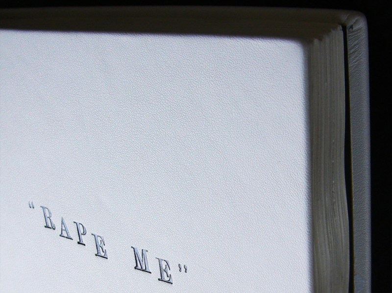 Natascha Stellmach, "Rape Me" (detail), 2010, calf-leather hand-bound artist book: pen, pencil, texta, crayon on 300 pages (drawn on the published diaries of Kurt Cobain), 28 x 22 x 6cm, unique piece