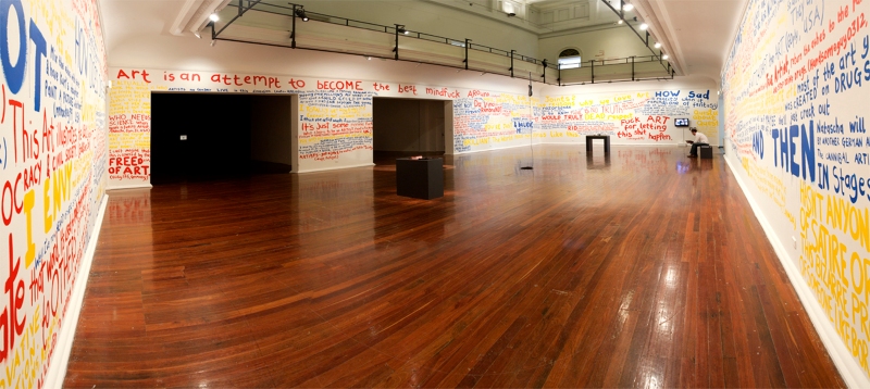 Installation view: Whatever Happened to Painting?, (wall text), Media Whore (artist book), Commodity (object), “Rape Me” (artist book), PICA, Australia, 2010, photo by Bewley Shaylor