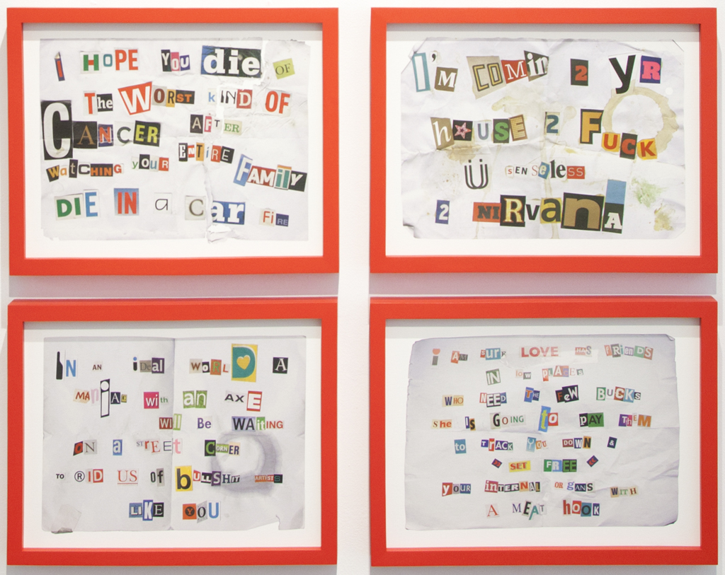 Four Framed Threats (sent to the artist), 2010, ink on photo rag, 30 x 40 cm