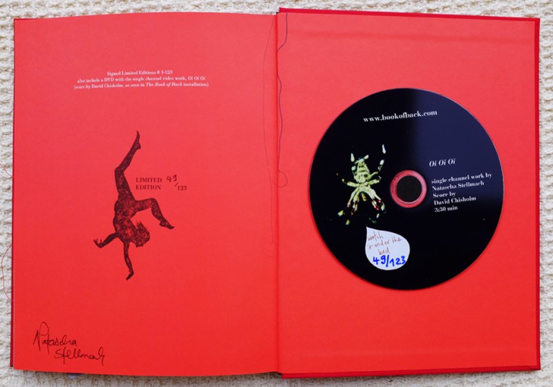 Natascha Stellmach, The Book of Back, 2007, offset printing on paper, thread, photograph, DVD, linen, p. 76–7, limited ed. 49/123